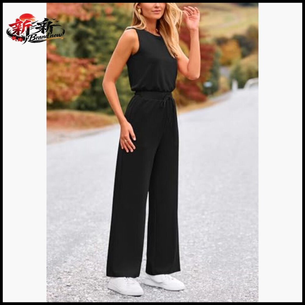 Sleeveless Wide Leg Jumpsuit, Polyester Viscose Elastane Blend, Casual Summer - Picture 4 of 7